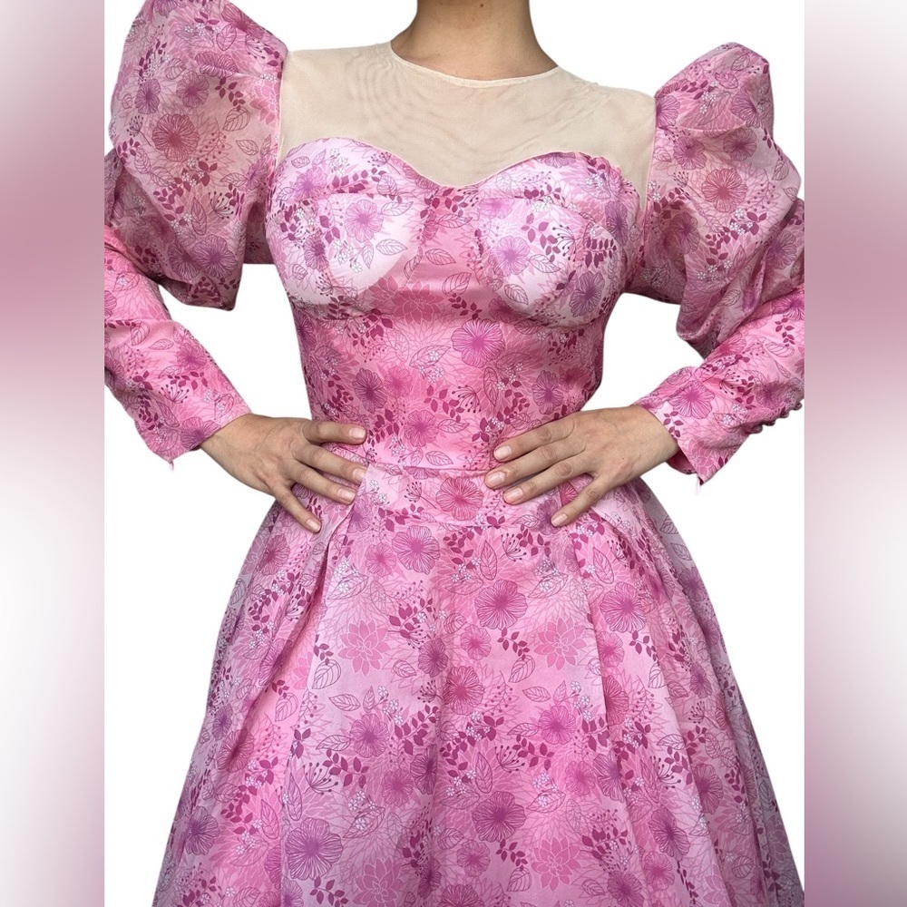 Dreamy Pink Floral Puff-Sleeve Midi Dress | Decorative Buttons | Size Small - Picture 8 of 16